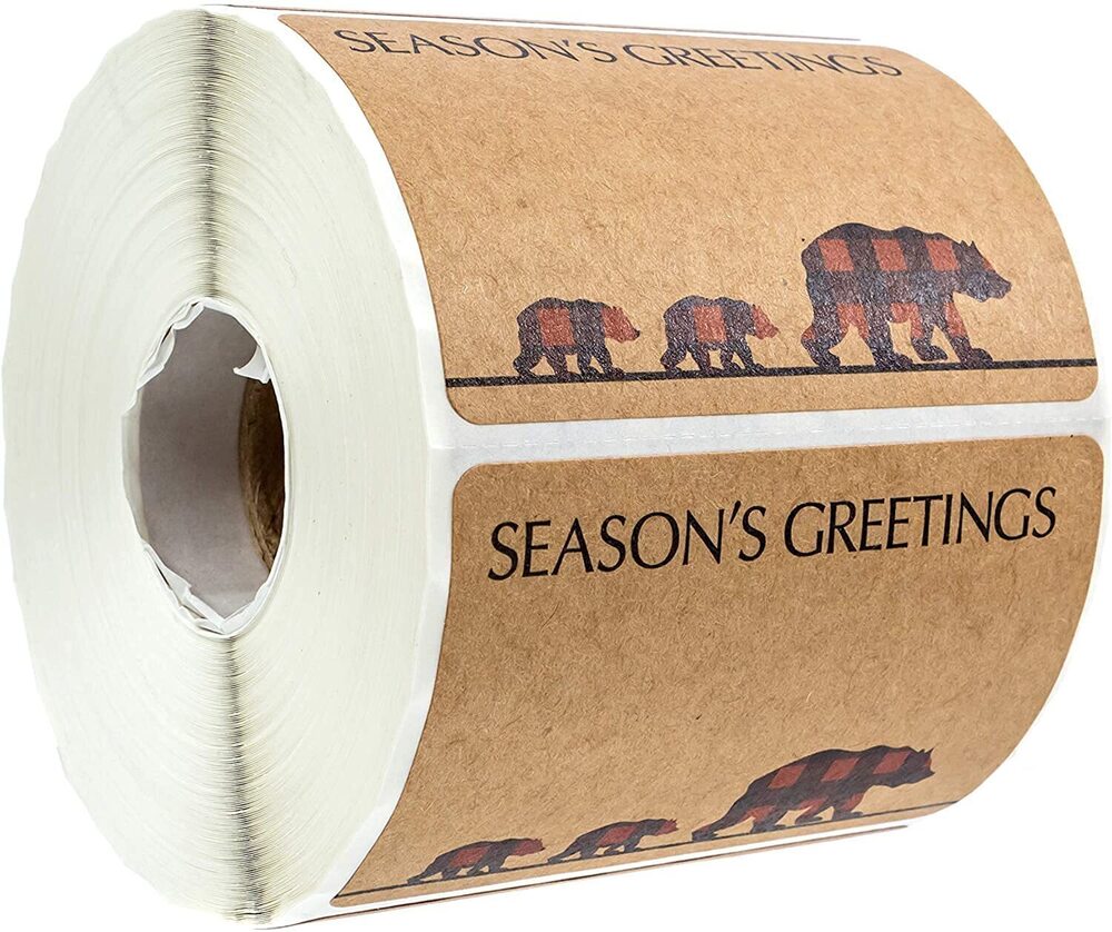 8598 Polar Bear Buffalo Plaid Christmas Stickers / 500 Christmas Tags / 2"